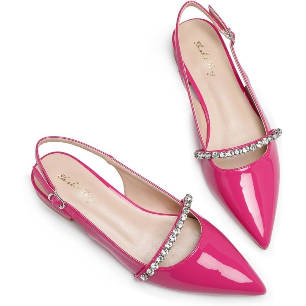 Women Hot Pink Polyurethane (PU) Rhinestone Pointed Toe Slingback Flats Shoes
